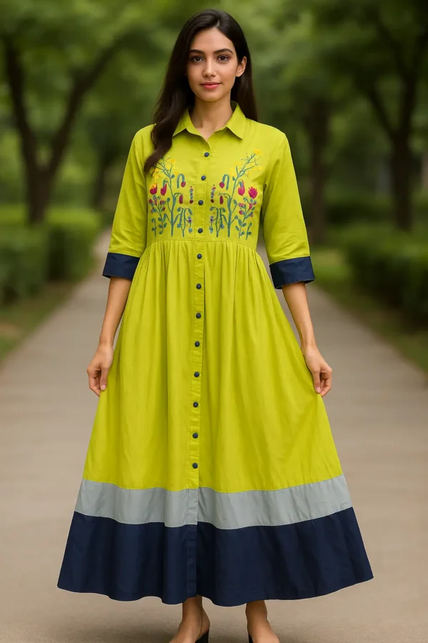 Lime Green Embroidered Shirt Dress with Navy Hem