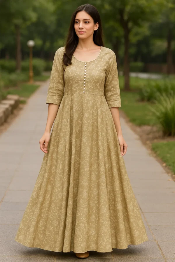 Beige Floral Print Anarkali Kurta Dress with Pearl Buttons