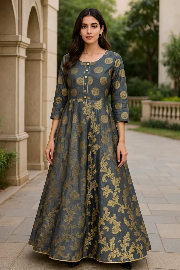 Charcoal Grey Anarkali Dress with Golden Zari Motifs