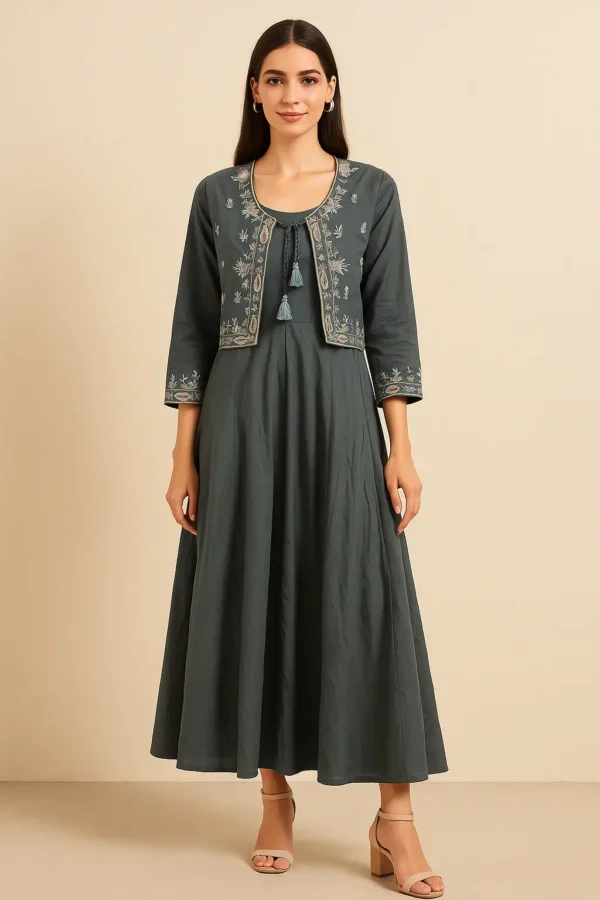 Charcoal Grey Anarkali Dress with Embroidered Jacket