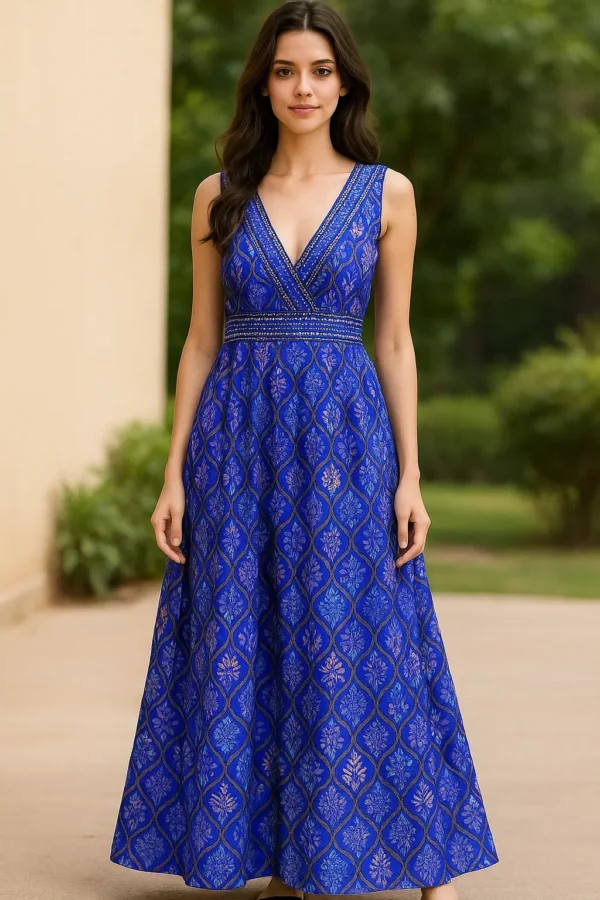 Royal Blue Sleeveless Boho Anarkali Dress with Deep V-Neck