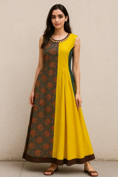 DRS-57 Mustard & Olive Sleeveless Panelled Anarkali Dress