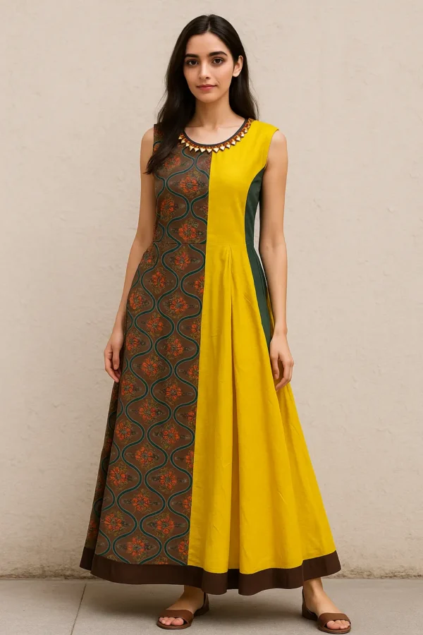 Mustard & Olive Sleeveless Panelled Anarkali Dress