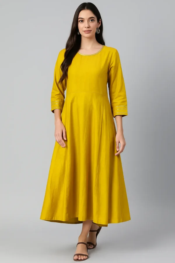 Solid Mustard Flared Anarkali Dress with 3/4th Sleeves