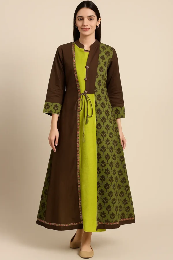 Olive & Brown Printed Layered Ethnic Anarkali Dress