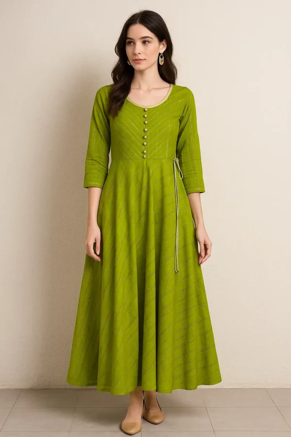 Olive Green Angrakha Style Anarkali Dress with Gold Button Detailing