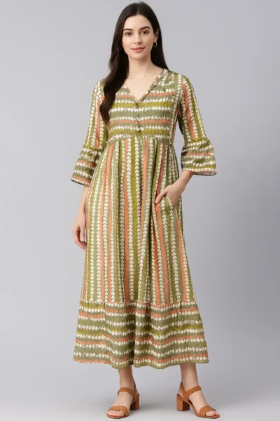 DRS-61 Olive & Peach Handblock Print Cotton Flared Dress with Bell Sleeves