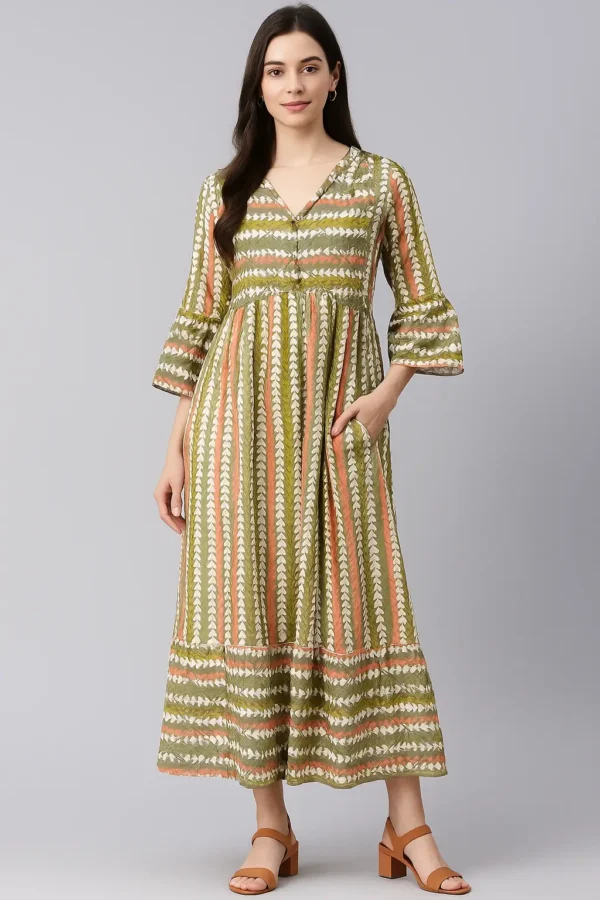 Olive & Peach Handblock Print Cotton Flared Dress with Bell Sleeves