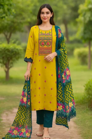 KPD-100 Mustard Kurta Set with Colorful Embroidery and Printed Dupatta