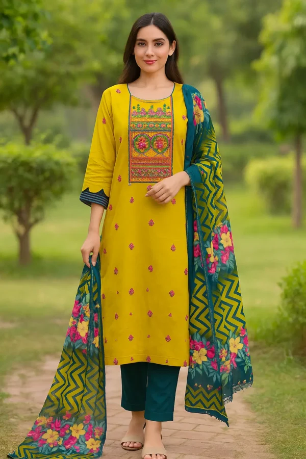 Mustard Kurta Set with Colorful Embroidery and Printed Dupatta