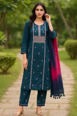 KPD-101 Dark Teal Kurta Set with Pink Floral Embroidery and Dual-Tone Dupatta