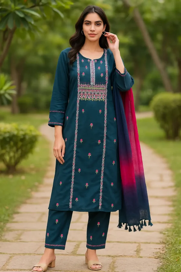Dark Teal Kurta Set with Pink Floral Embroidery and Dual-Tone Dupatta