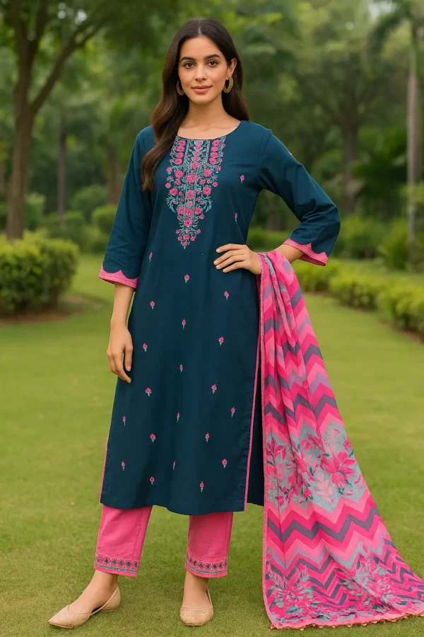 Teal & Pink Embroidered Kurta Set with Printed Chevron Dupatta