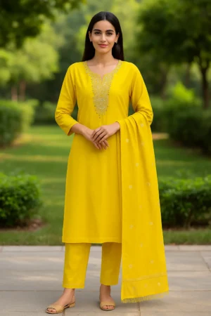 KPD-103 Mustard Yellow Embroidered Kurta Set with Subtle Dupatta