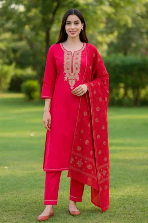 KPD-104 Crimson Red Embroidered Kurta Set with Traditional Dupatta