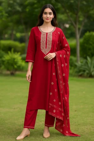 KPD-105 Maroon Embroidered Kurta Set with Zari Dupatta