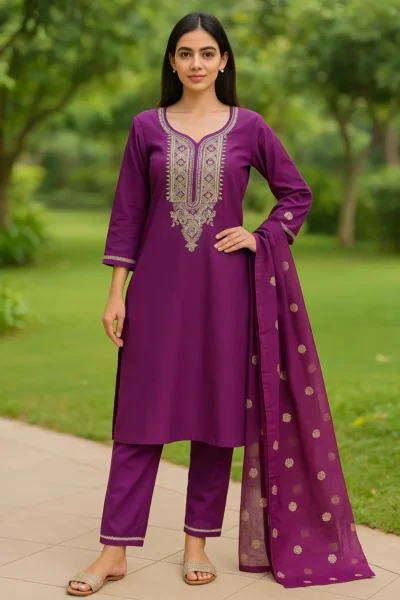 KPD-106 Purple Embroidered Kurta Set with Zari Motif Dupatta