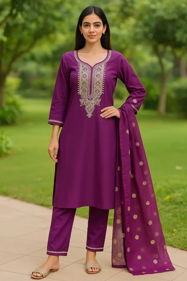 Purple Embroidered Kurta Set with Zari Motif Dupatta