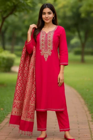KPD-107 Pink Kurta Pant Set with Golden Zari Embroidery & Banarasi Dupatta