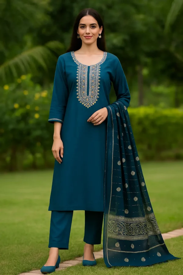 Teal Blue Embroidered Kurta Pant Set with Woven Dupatta