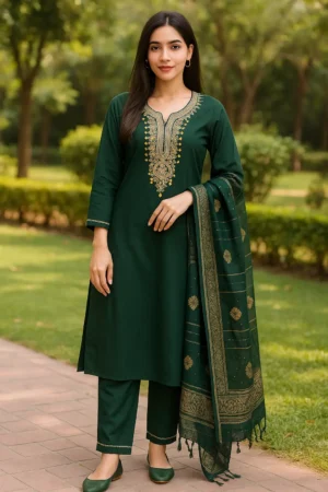 KPD-109 Bottle Green Embroidered Kurta Pant Set with Woven Dupatta