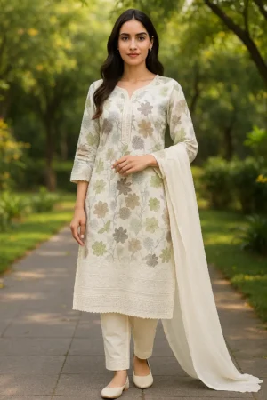 KPD-110 Off-White Floral Printed Kurta Pant Set with Solid Dupatta