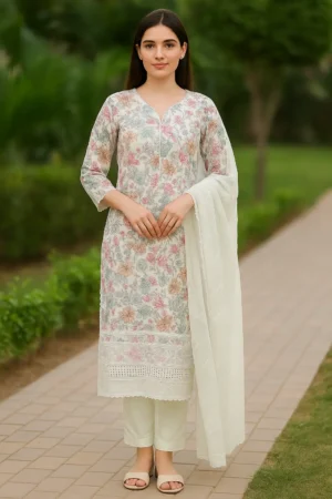 KPD-111 Pastel Multi-Color Floral Printed Kurta Pant Set with Chiffon Dupatta