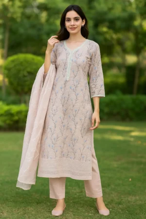 KPD-112 Dusty Pink & Sky Blue Tree-Printed Kurta Pant Set with Chiffon Dupatta
