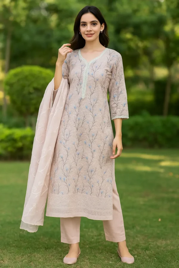 Dusty Pink & Sky Blue Tree-Printed Kurta Pant Set with Chiffon Dupatta