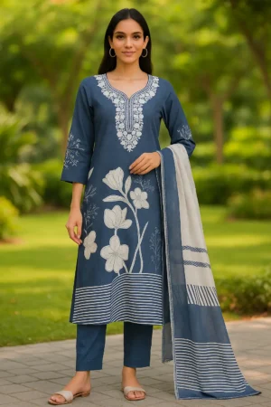 KPD-113 Indigo Blue Floral Printed Kurta Pant Set with Striped Dupatta