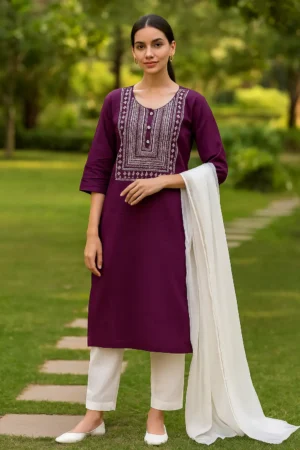 KPD-114 Wine Purple Printed Kurta with White Pants & Dupatta Set