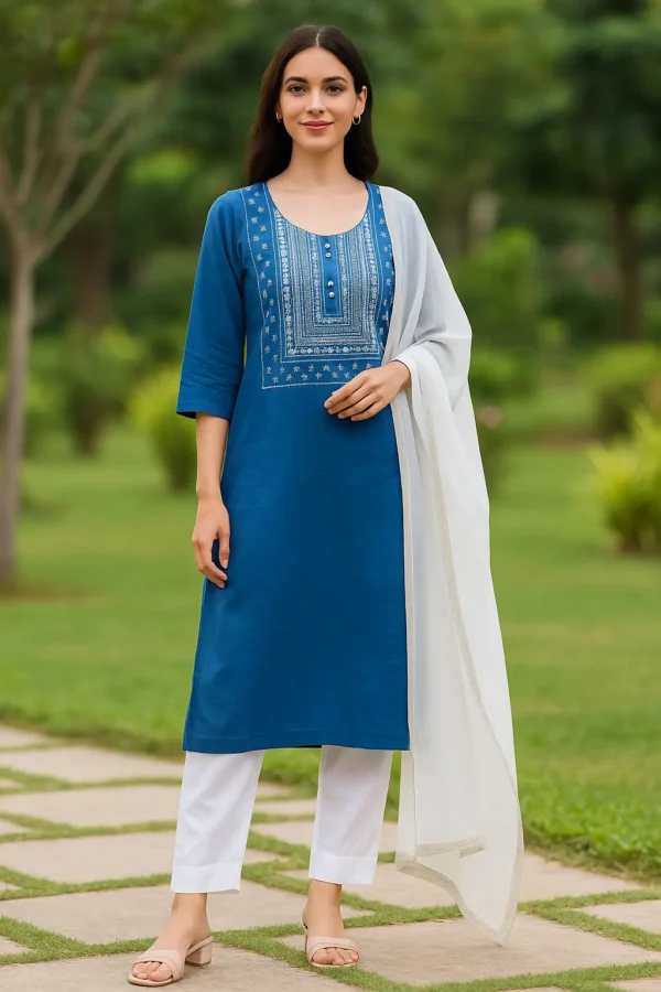 Royal Blue Printed Kurta with White Pants & Dupatta Set