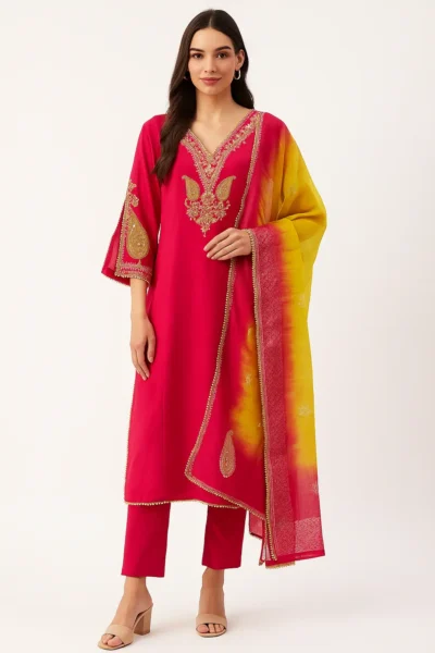 KPD-64 Rani Pink & Yellow Embroidered Kurta Pant Dupatta Set