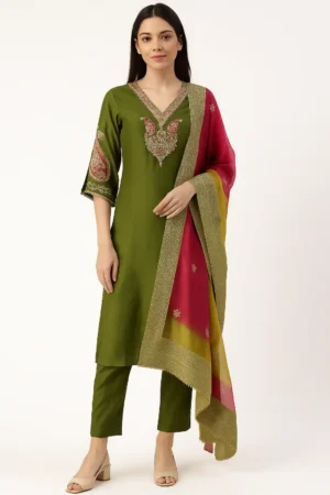 KPD-65 Olive Green Kurta Pant Dupatta Set with Heavy Embroidery