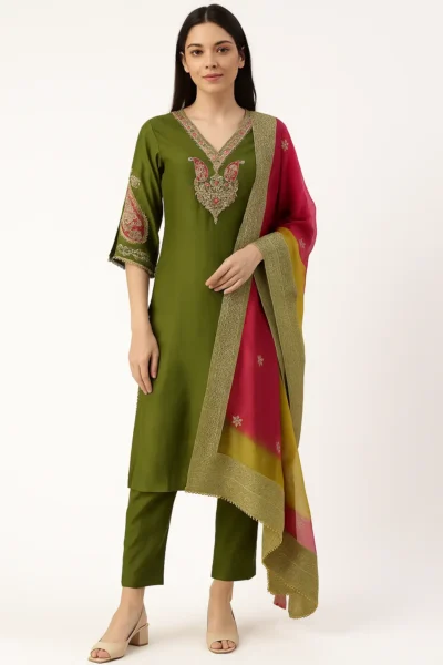 KPD-65 Olive Green Kurta Pant Dupatta Set with Heavy Embroidery