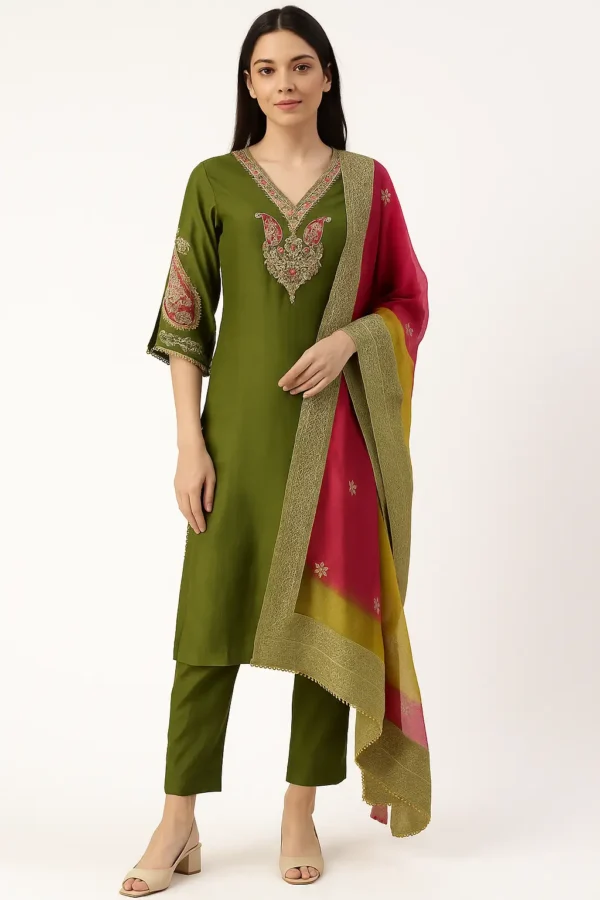 Olive Green Kurta Pant Dupatta Set with Heavy Embroidery