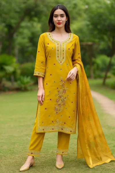 KPD-66 Mustard Yellow Embroidered Kurta Pant Dupatta Set