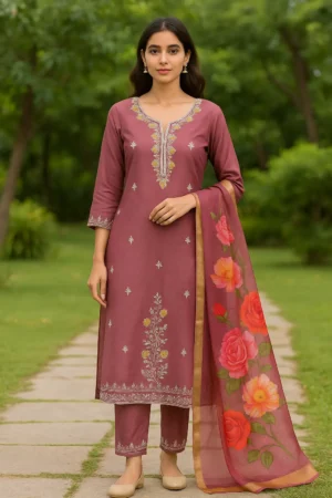 KPD-67 Rosewood Maroon Kurta Set with Floral Organza Dupatta