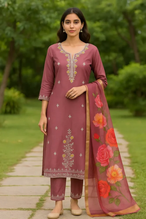 KPD-67 Rosewood Maroon Kurta Set with Floral Organza Dupatta