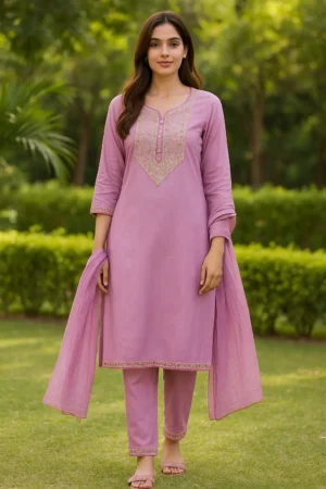 KPD-68 Lavender Pink Kurta Set with Subtle Embroidery and Plain Dupatta