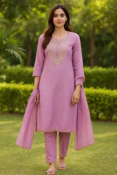 KPD-68 Lavender Pink Kurta Set with Subtle Embroidery and Plain Dupatta