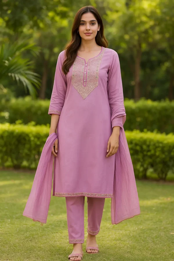 Lavender Pink Kurta Set with Subtle Embroidery and Plain Dupatta