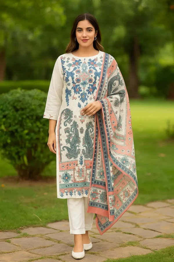 Ivory & Multicolor Printed Straight Kurta Set with Dupatta