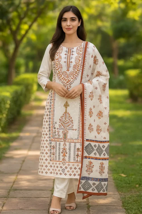 KPD-70 Ivory & Rust Printed Straight Kurta Set with Dupatta