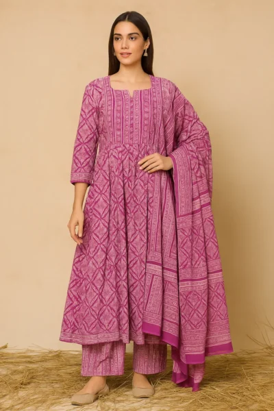 KPD-71 Magenta Printed Anarkali Kurta Set with Dupatta