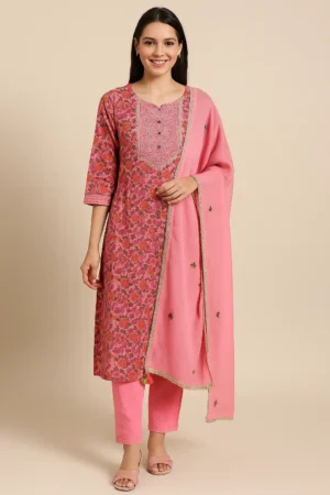 KPD-72 Pink Floral Printed Kurta Set with Embroidered Dupatta