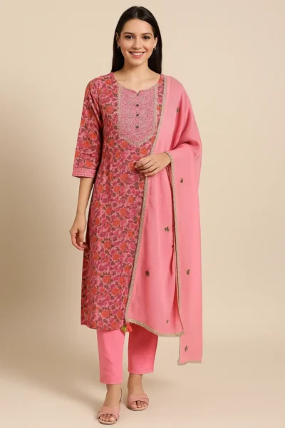 KPD-72 Pink Floral Printed Kurta Set with Embroidered Dupatta