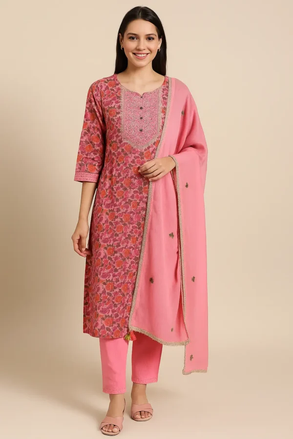 Pink Floral Printed Kurta Set with Embroidered Dupatta