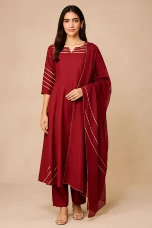 KPD-73 Wine Red Anarkali Kurta Set with Striped Dupatta