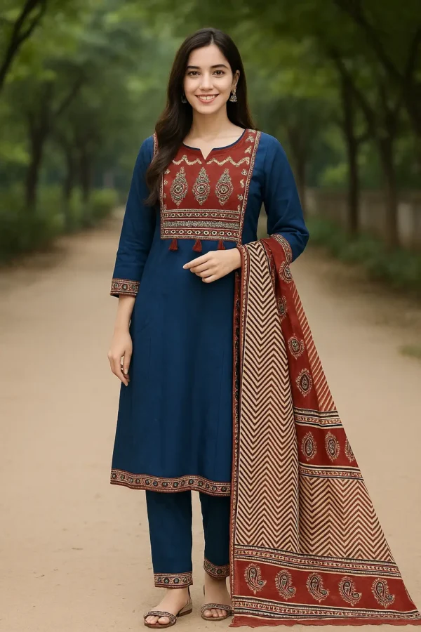 Navy Blue Kurta Set with Maroon Yoke and Printed Dupatta